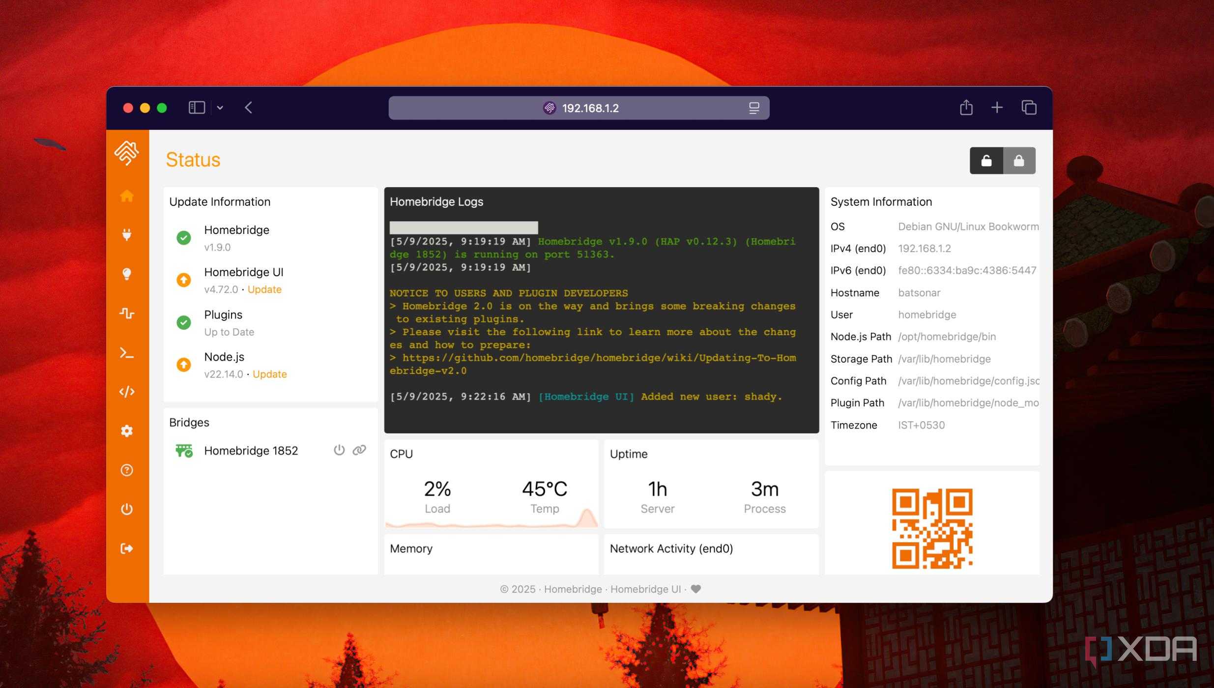 Homebridge dashboard after first boot