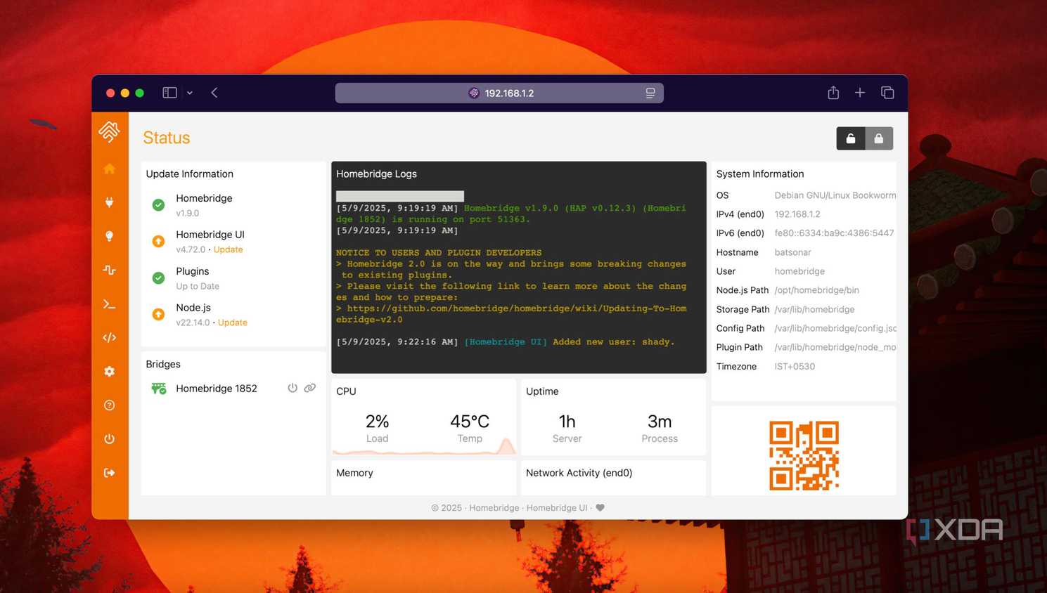 Homebridge dashboard after first boot