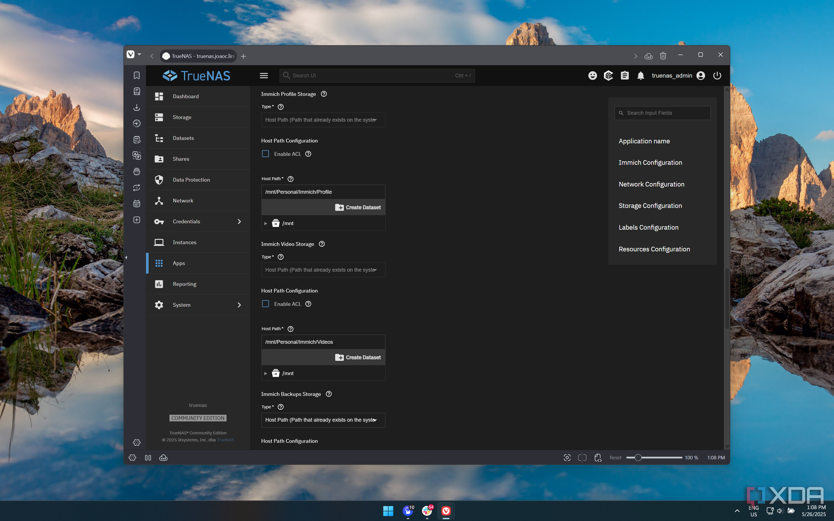 Screenshot of TrueNAS showing the configurations page for the Immich app