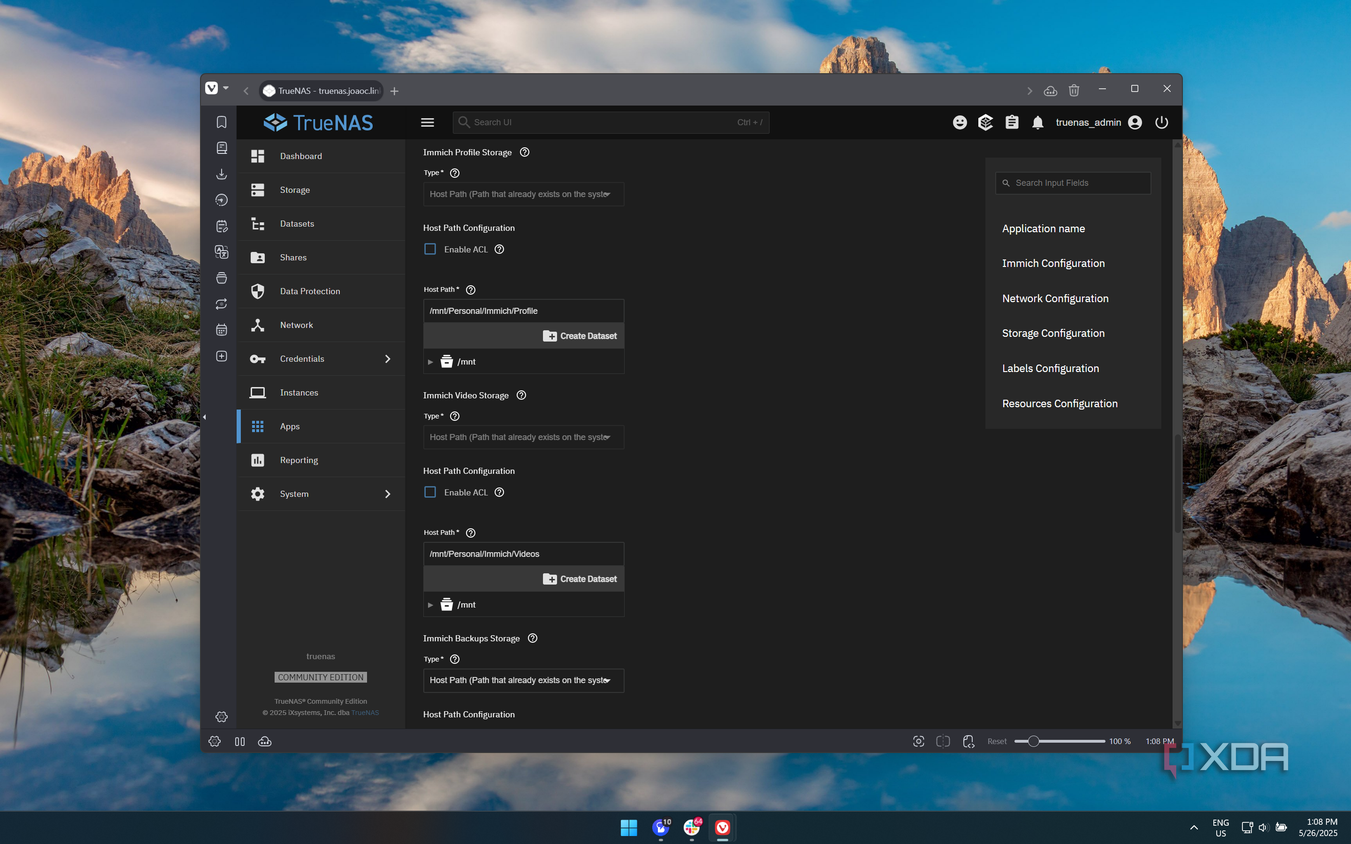 Screenshot of TrueNAS showing the configurations page for the Immich app