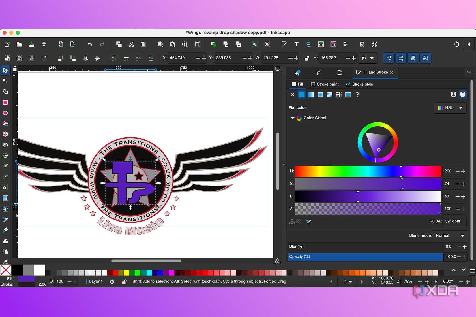A PDF file open in Inkscape with one part recolored purple