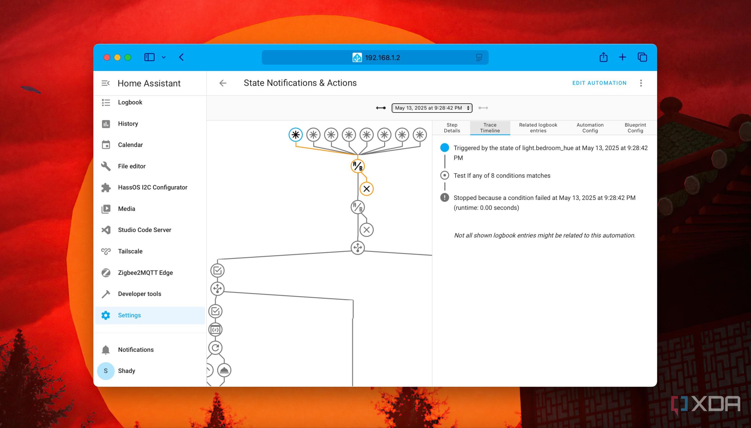 A screenshot of interactive graph depicting Traces of an automation in Home Assistant