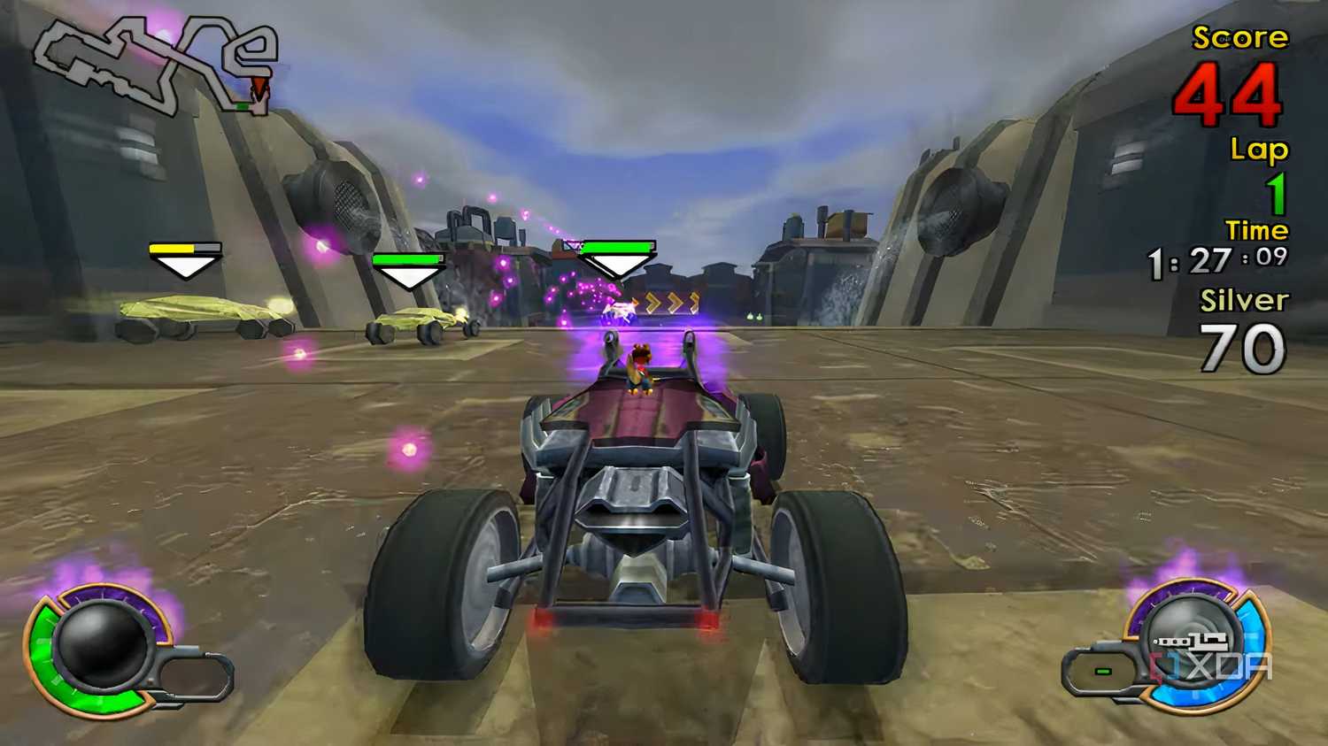 A screenshot from the game Jak X: Combat Racing, showing a vehicle racing down some drones.