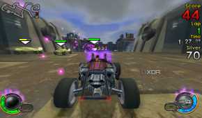 A screenshot from the game Jak X: Combat Racing, showing a vehicle racing down some drones.
