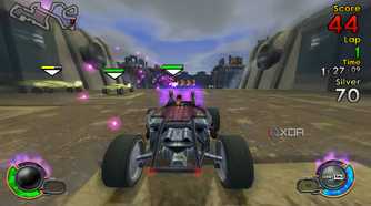 A screenshot from the game Jak X: Combat Racing, showing a vehicle racing down some drones.
