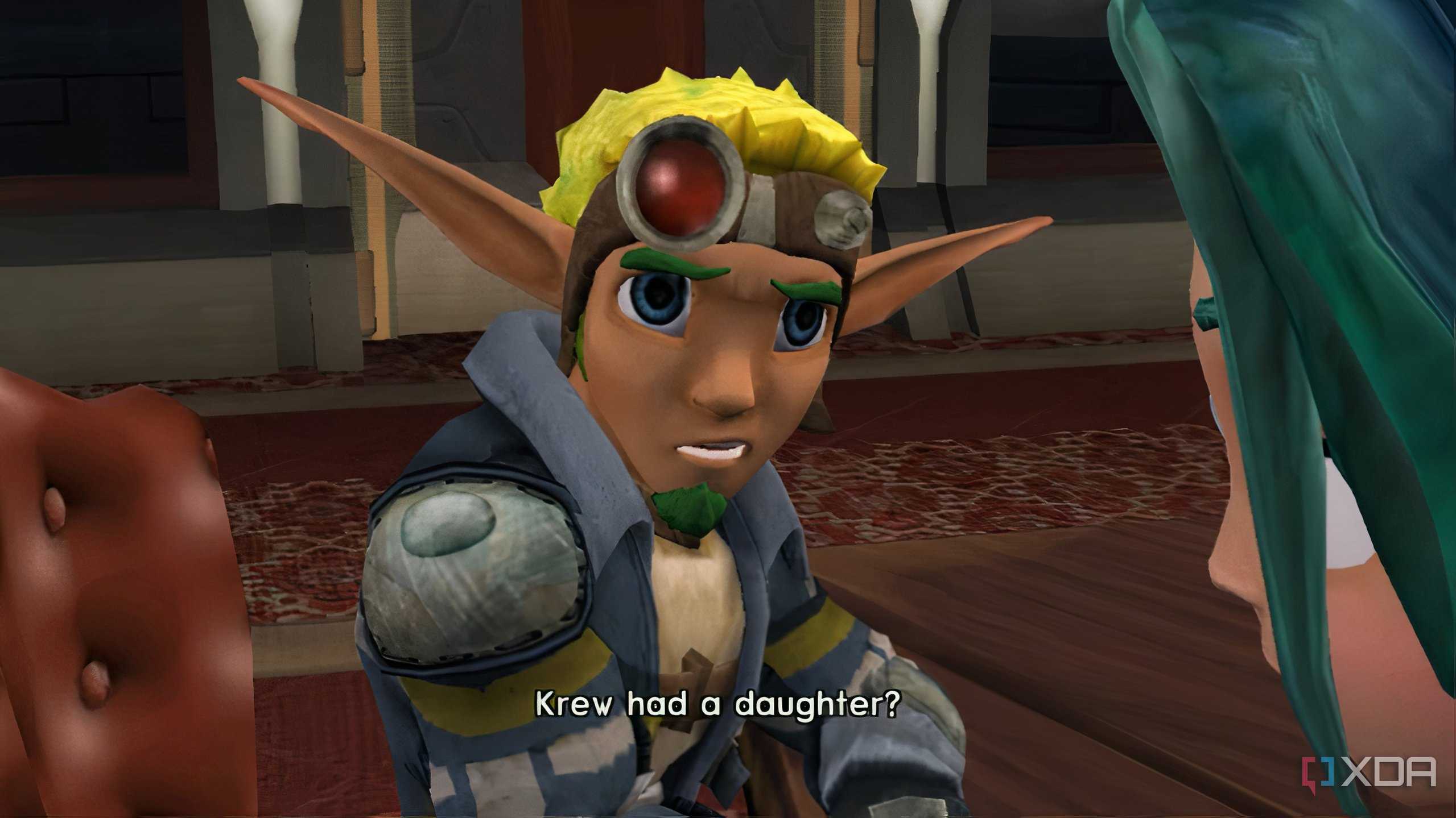 A screenshot from the game Jak X: Combat Racing, showing Jak in a cutscene.