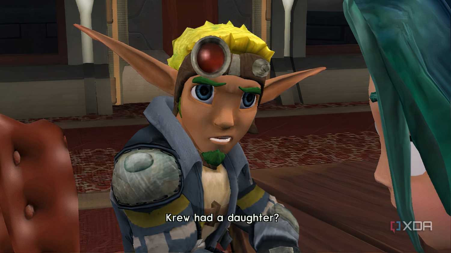 A screenshot from the game Jak X: Combat Racing, showing Jak in a cutscene.