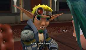 A screenshot from the game Jak X: Combat Racing, showing Jak in a cutscene.
