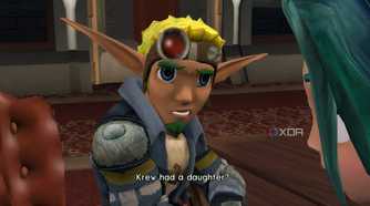 A screenshot from the game Jak X: Combat Racing, showing Jak in a cutscene.