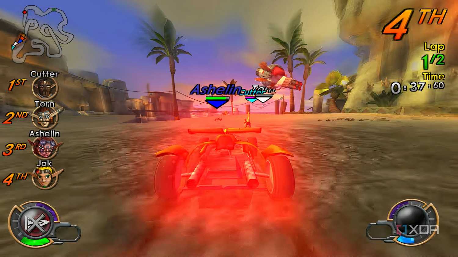 A screenshot from the game Jak X: Combat Racing, showing the car glowing after picking up a power-up.