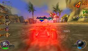 A screenshot from the game Jak X: Combat Racing, showing the car glowing after picking up a power-up.