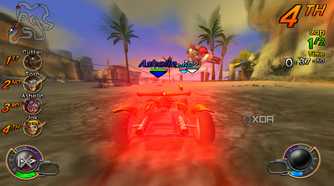 A screenshot from the game Jak X: Combat Racing, showing the car glowing after picking up a power-up.