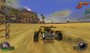 A screenshot from the game Jak X: Combat Racing, showing a vehicle drifting across a sandy road.