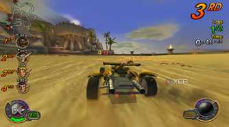 A screenshot from the game Jak X: Combat Racing, showing a vehicle drifting across a sandy road.