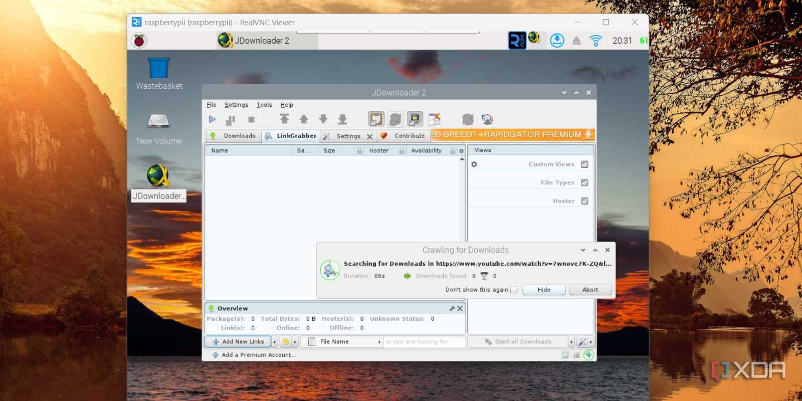 screenshot of jdownloader link add window on raspberry pi
