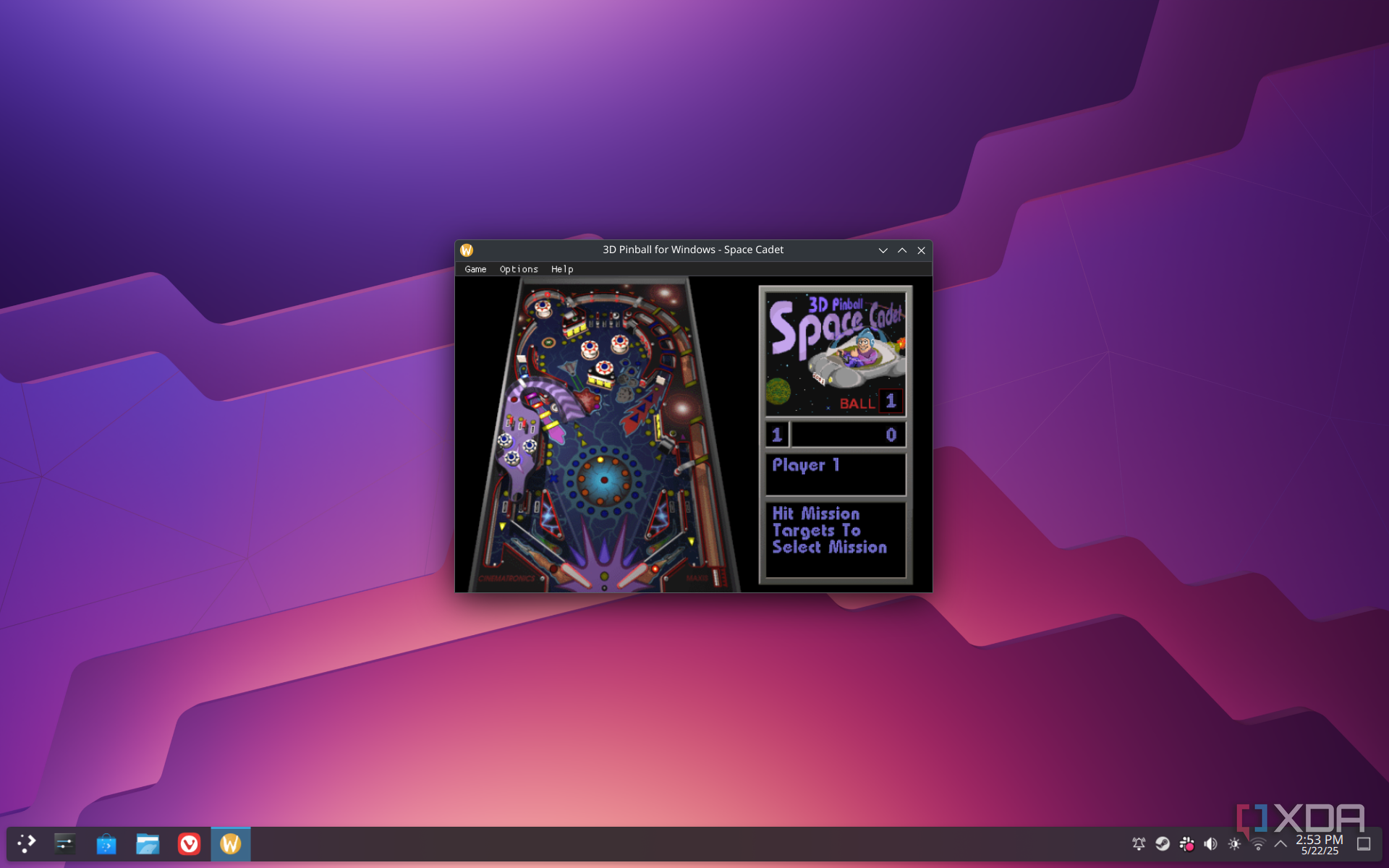 Screenshot of the KDE desktop running Space Cadet pinball