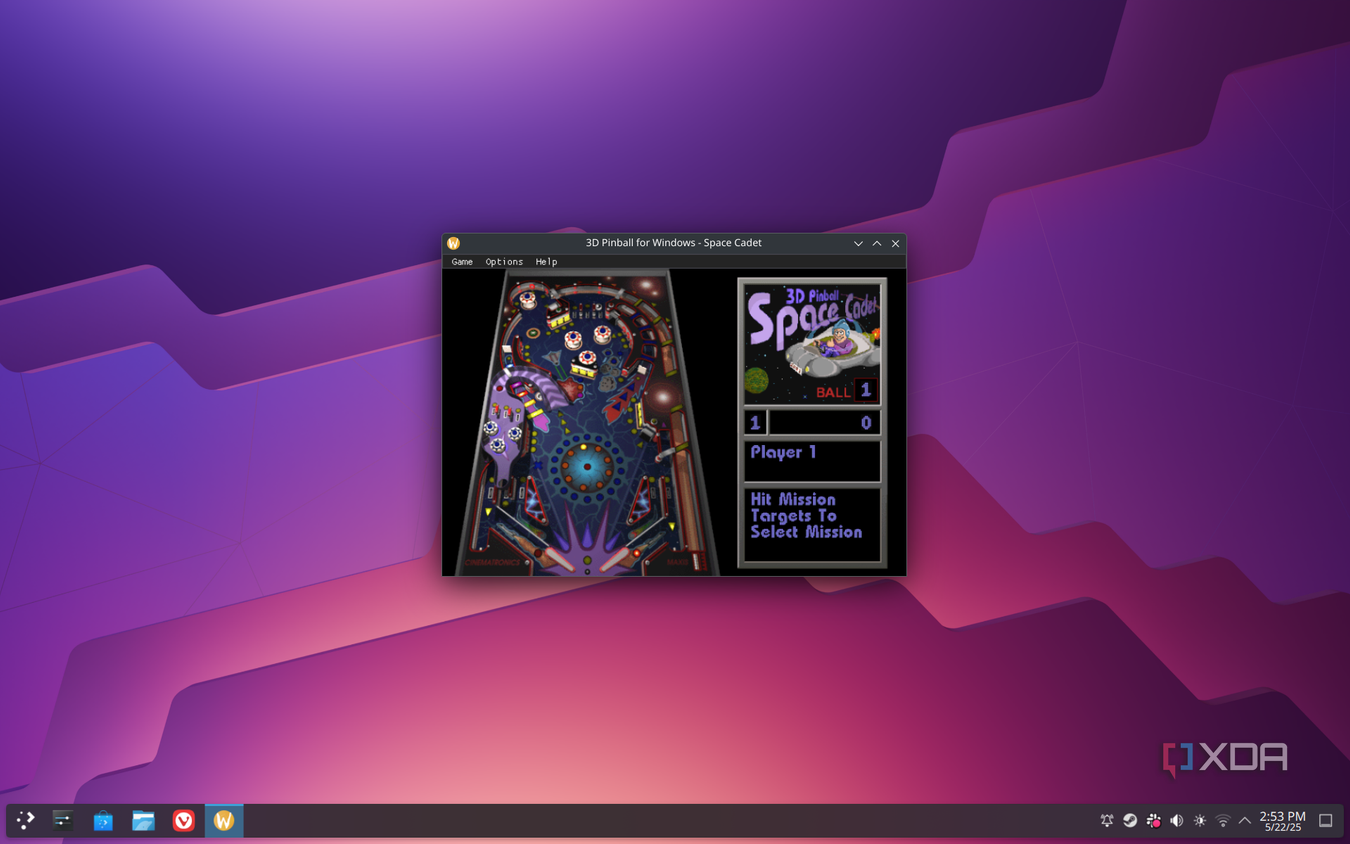 Screenshot of the KDE desktop running Space Cadet pinball