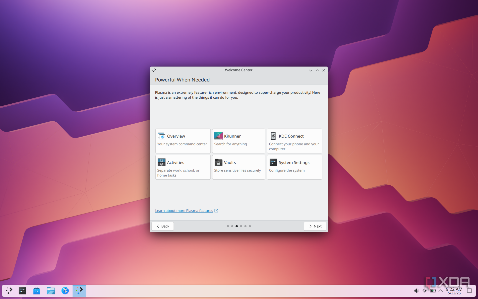 Screenshot of the KDE desktop with a first-time setup dialog introducing some of the tools available