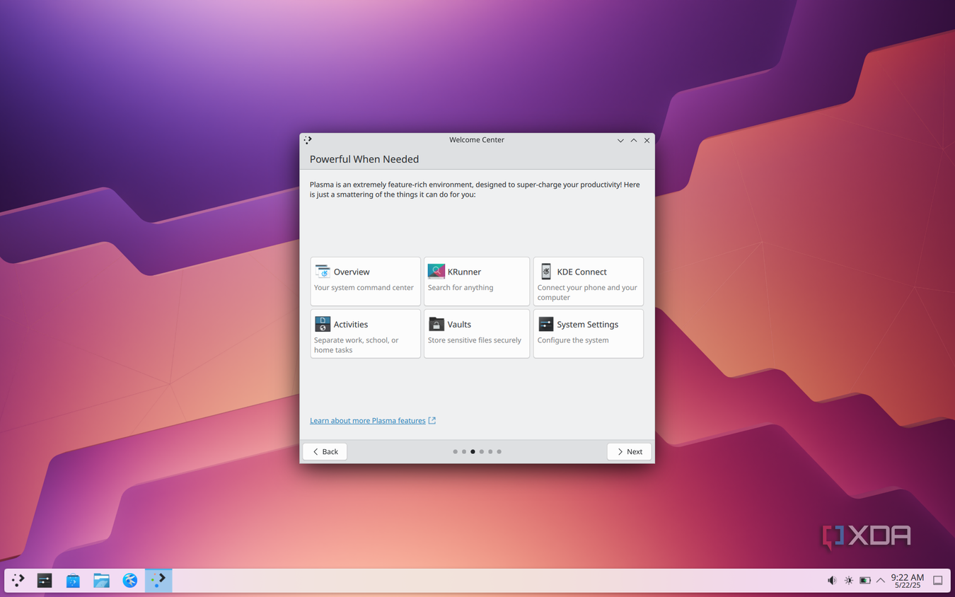 Screenshot of the KDE desktop with a first-time setup dialog introducing some of the tools available