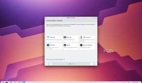 Screenshot of the KDE desktop with a first-time setup dialog introducing some of the tools available