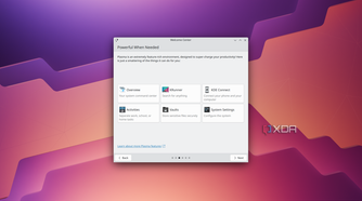 Screenshot of the KDE desktop with a first-time setup dialog introducing some of the tools available