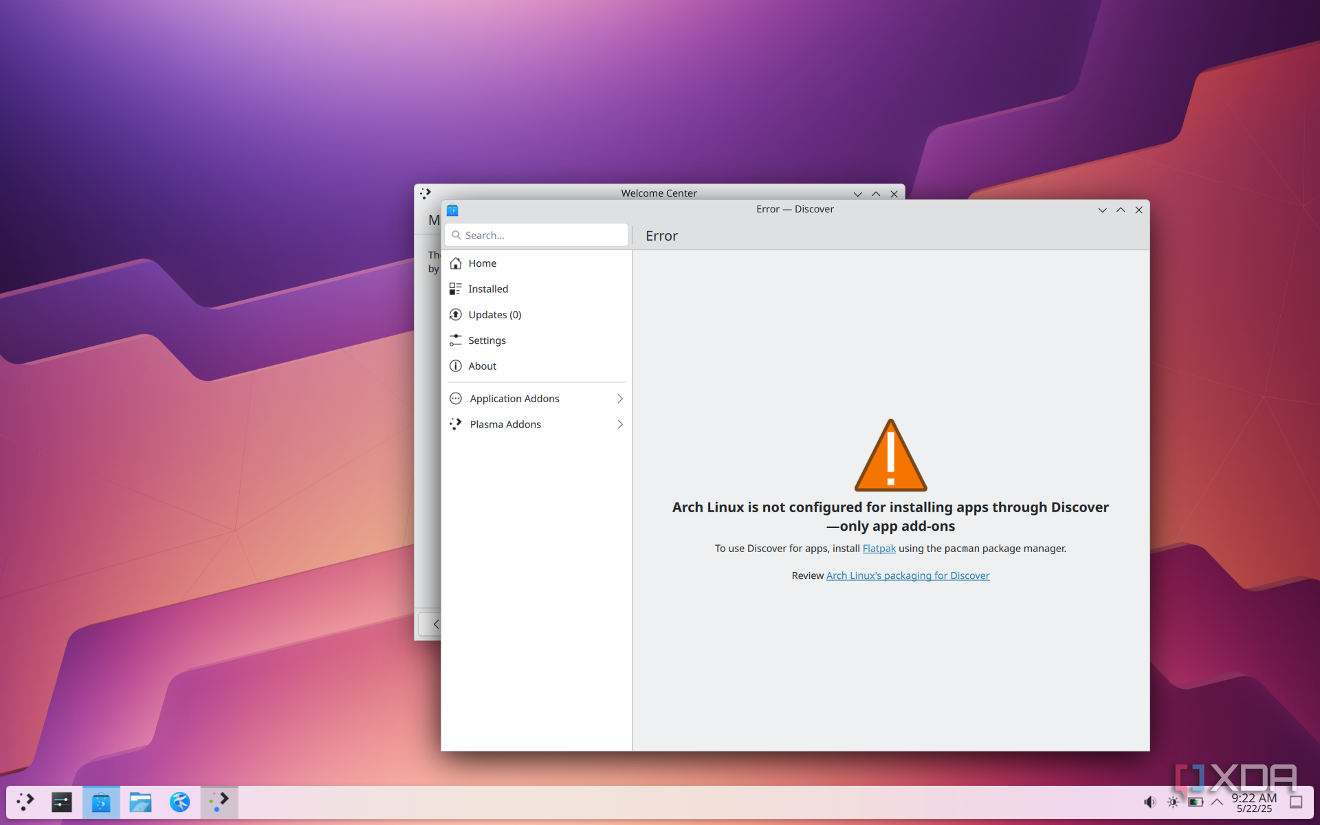 Screenshot of Discover in Arch Linux and KDE showing that it's not possible to install new apps until Flatpak is installed