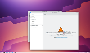 Screenshot of Discover in Arch Linux and KDE showing that it's not possible to install new apps until Flatpak is installed