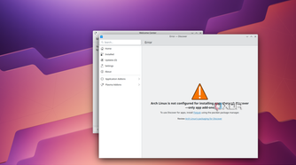 Screenshot of Discover in Arch Linux and KDE showing that it's not possible to install new apps until Flatpak is installed