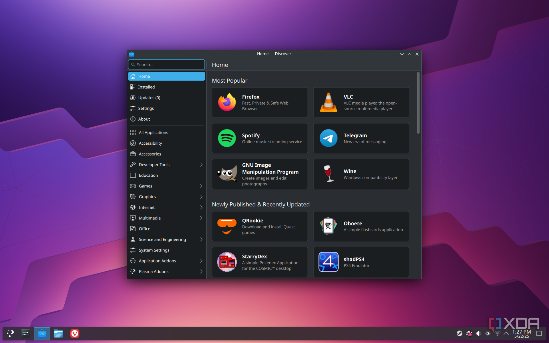 Screenshot of Discover in KDE Plasma showing apps available to install