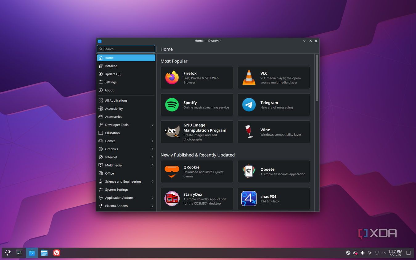 Screenshot of Discover in KDE Plasma showing apps available to install