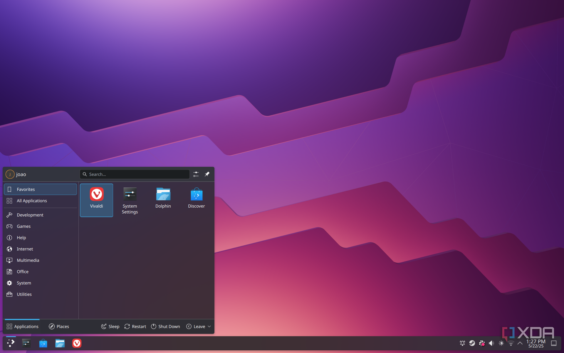 Screenshot of the KDE Plasma desktop with an applications menu showing installed apps