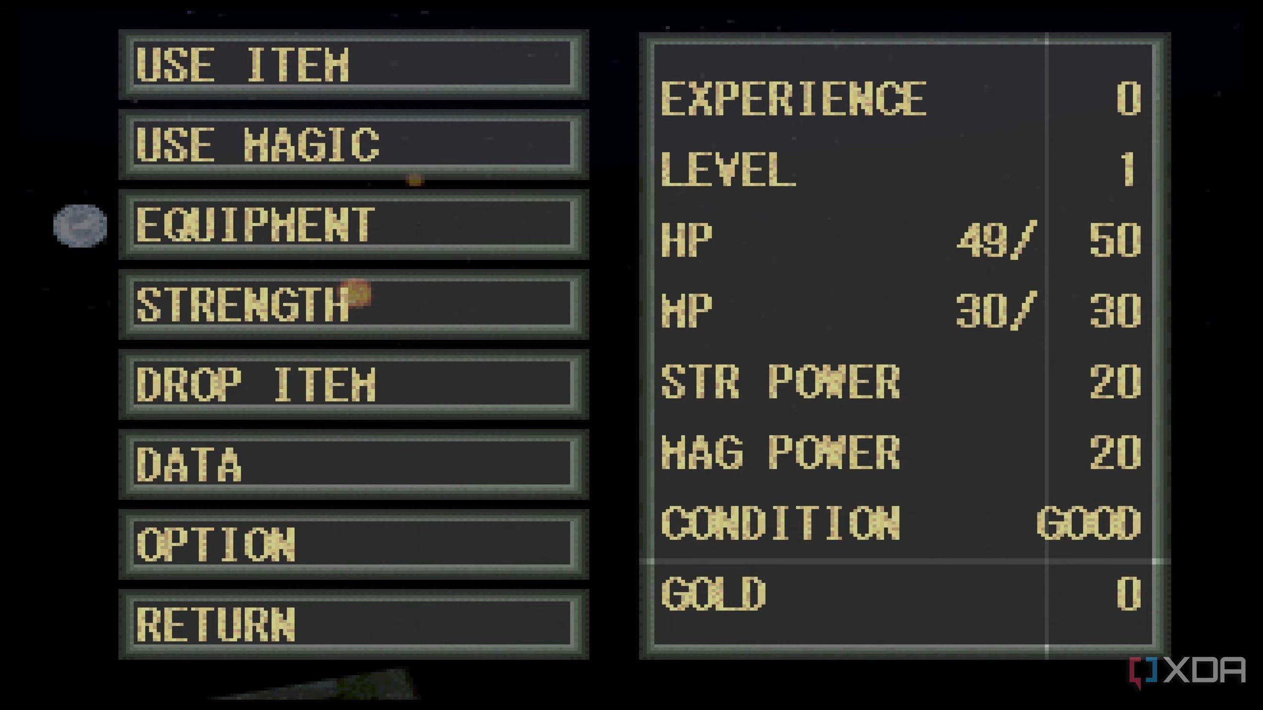 The pause menu in PlayStation 1 game King's Field.