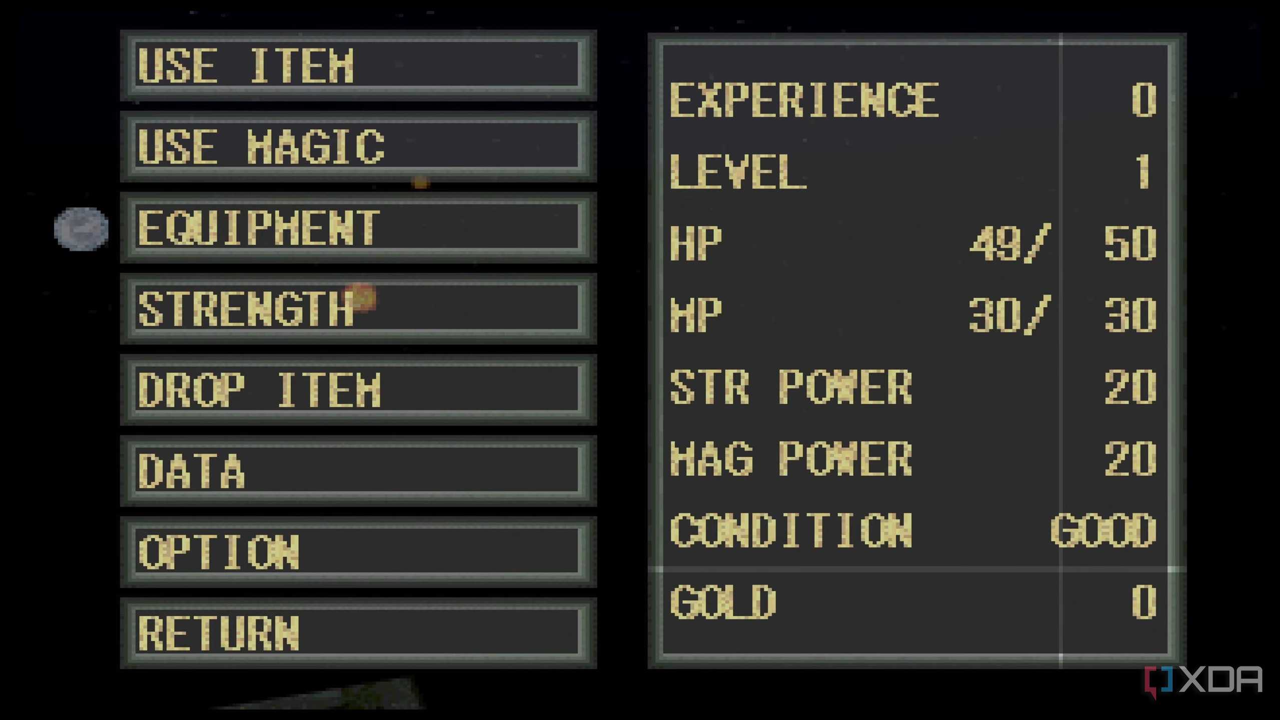 The pause menu in PlayStation 1 game King's Field.