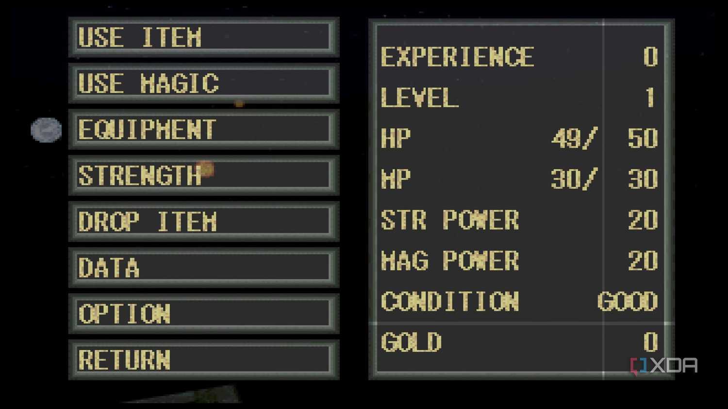 The pause menu in PlayStation 1 game King's Field.