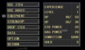 The pause menu in PlayStation 1 game King's Field.
