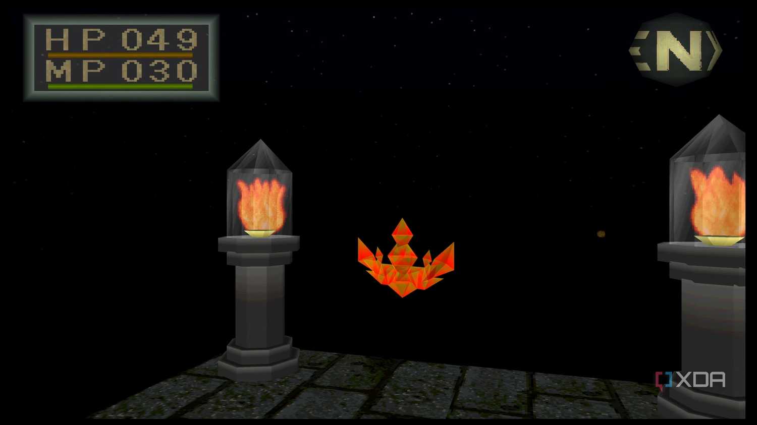 Fire lamps lighting the way in PlayStation 1 game King's Field.