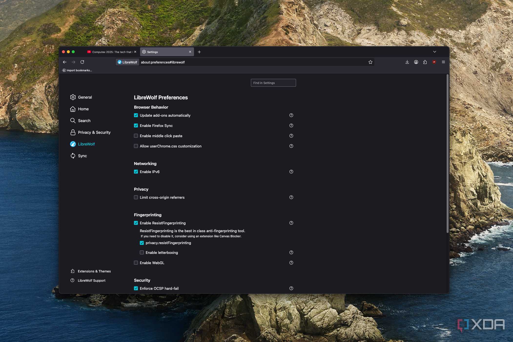 Screenshot of LibreWolf settings showing some advanced options, including the ability to use Resist Fingerprinting