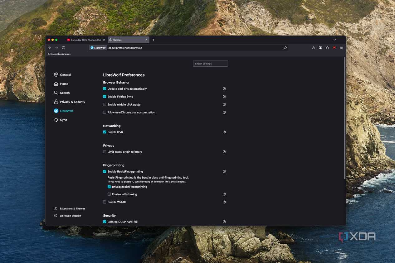 Screenshot of LibreWolf settings showing some advanced options, including the ability to use Resist Fingerprinting