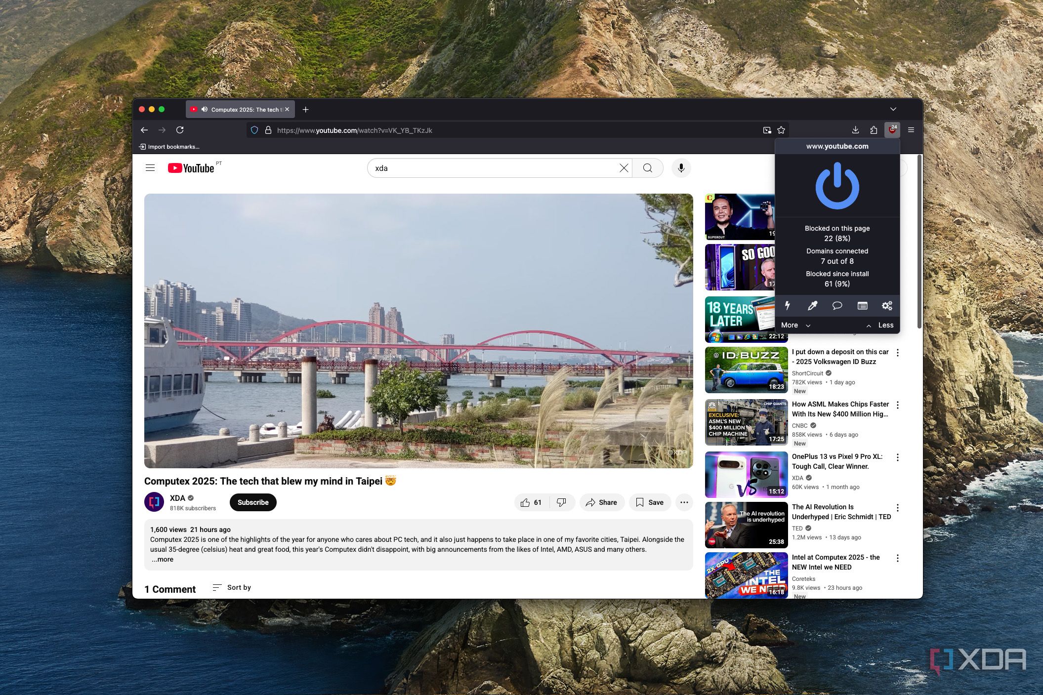 Screenshot of LibreWolf palaying a YouTube video and showing the uBlock Origin flyout