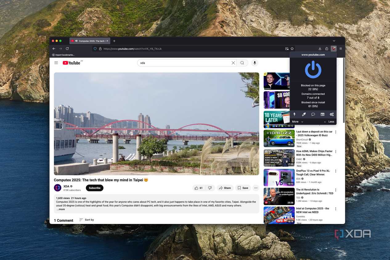 Screenshot of LibreWolf palaying a YouTube video and showing the uBlock Origin flyout