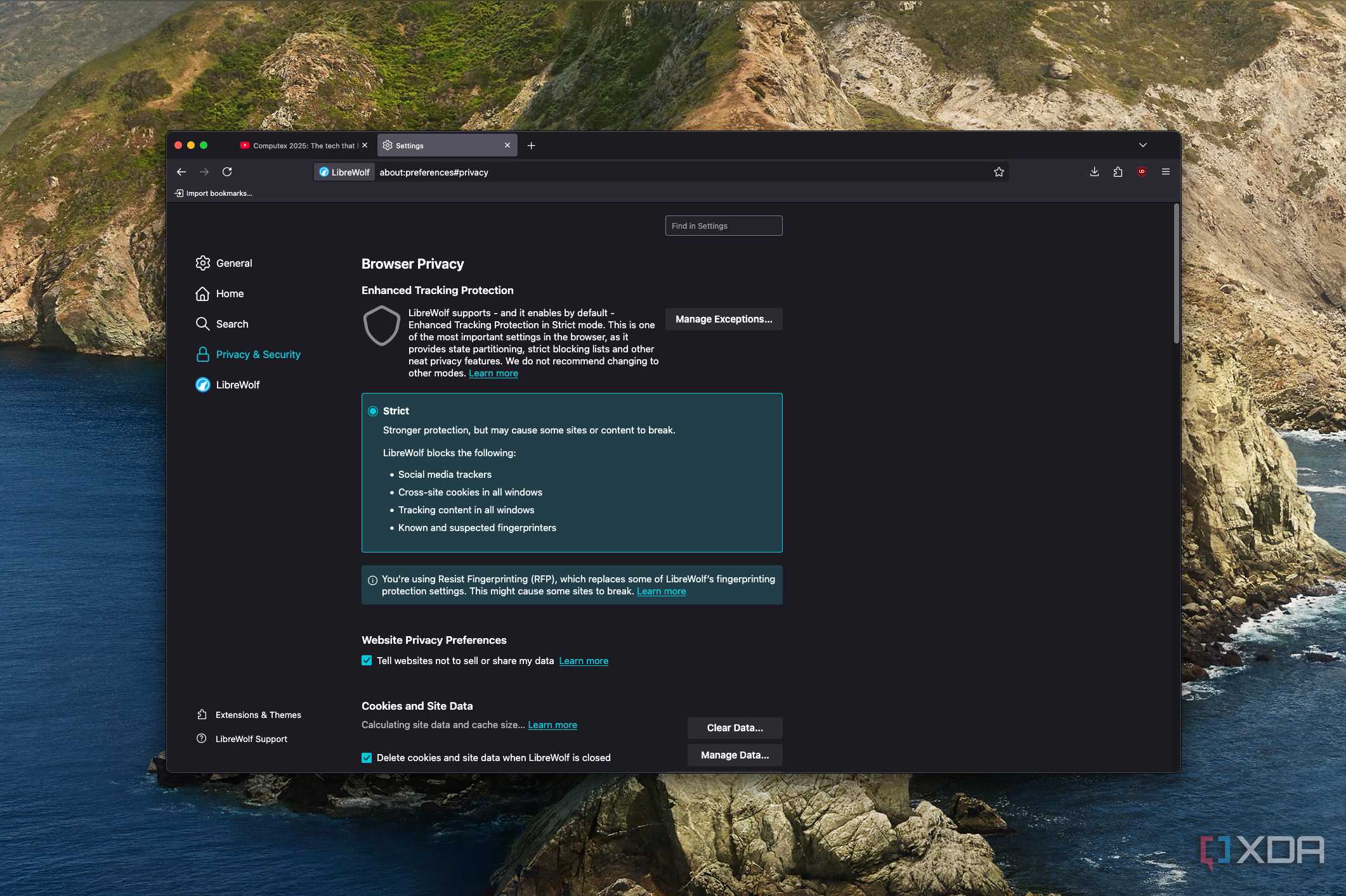 Screenshot of LibreWolf settings showing tracking protection is to the strict level by default