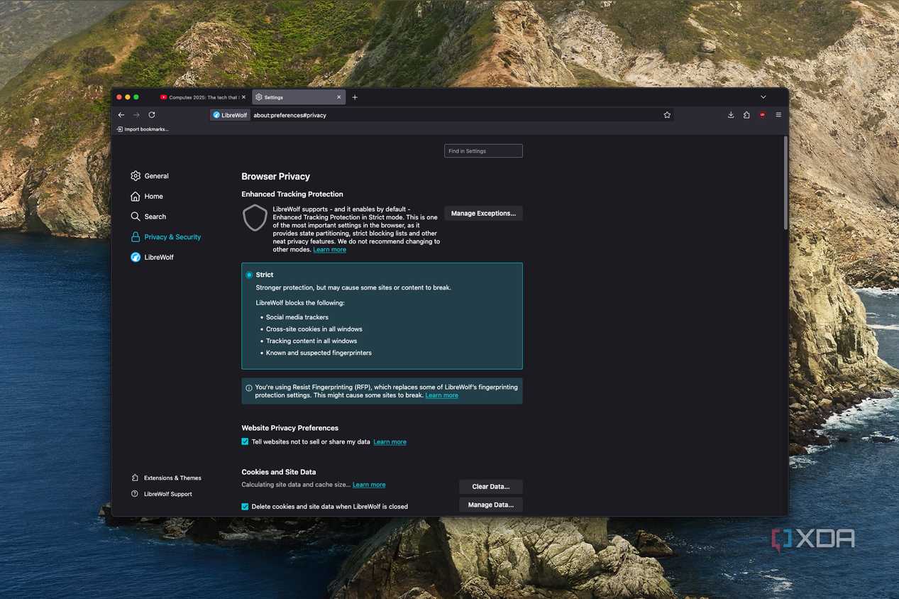 Screenshot of LibreWolf settings showing tracking protection is to the strict level by default
