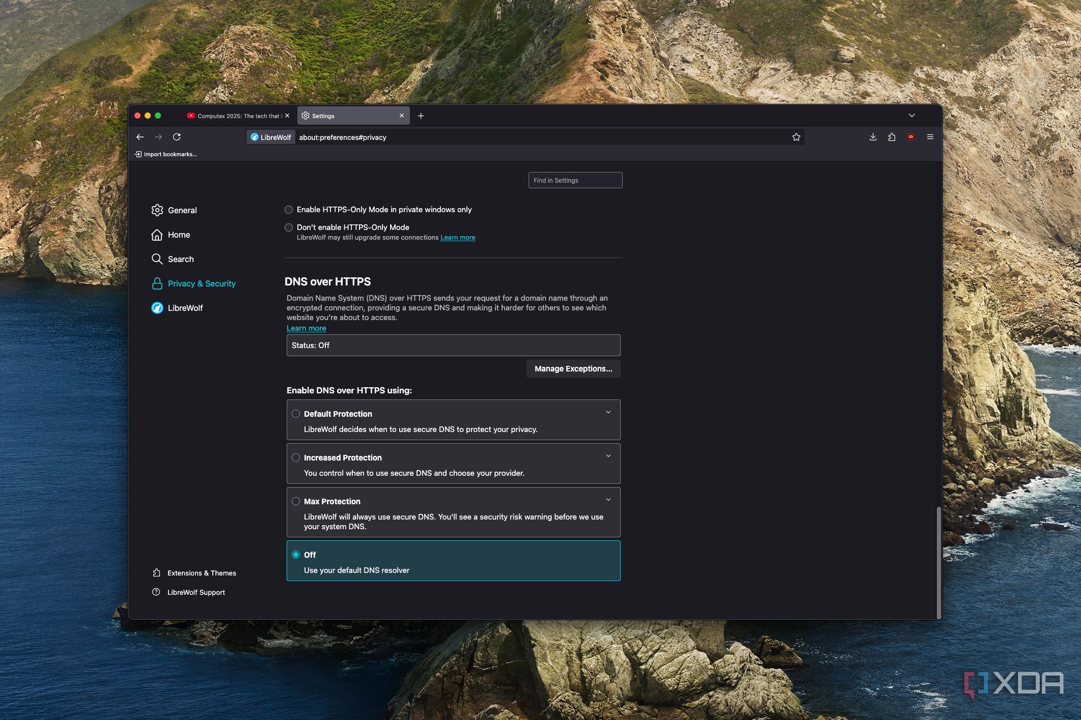 Screenshot of LibreWolf settings showing options for DNS over HTTPS