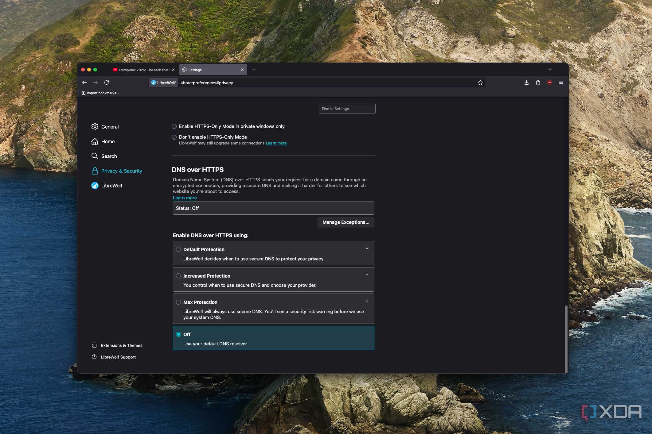 Screenshot of LibreWolf settings showing options for DNS over HTTPS