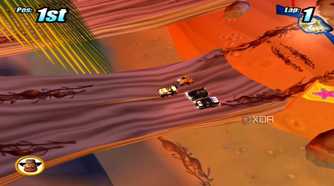 A screenshot from the game Micro Machines, showing a top-down view of four cars racing each other in the game.