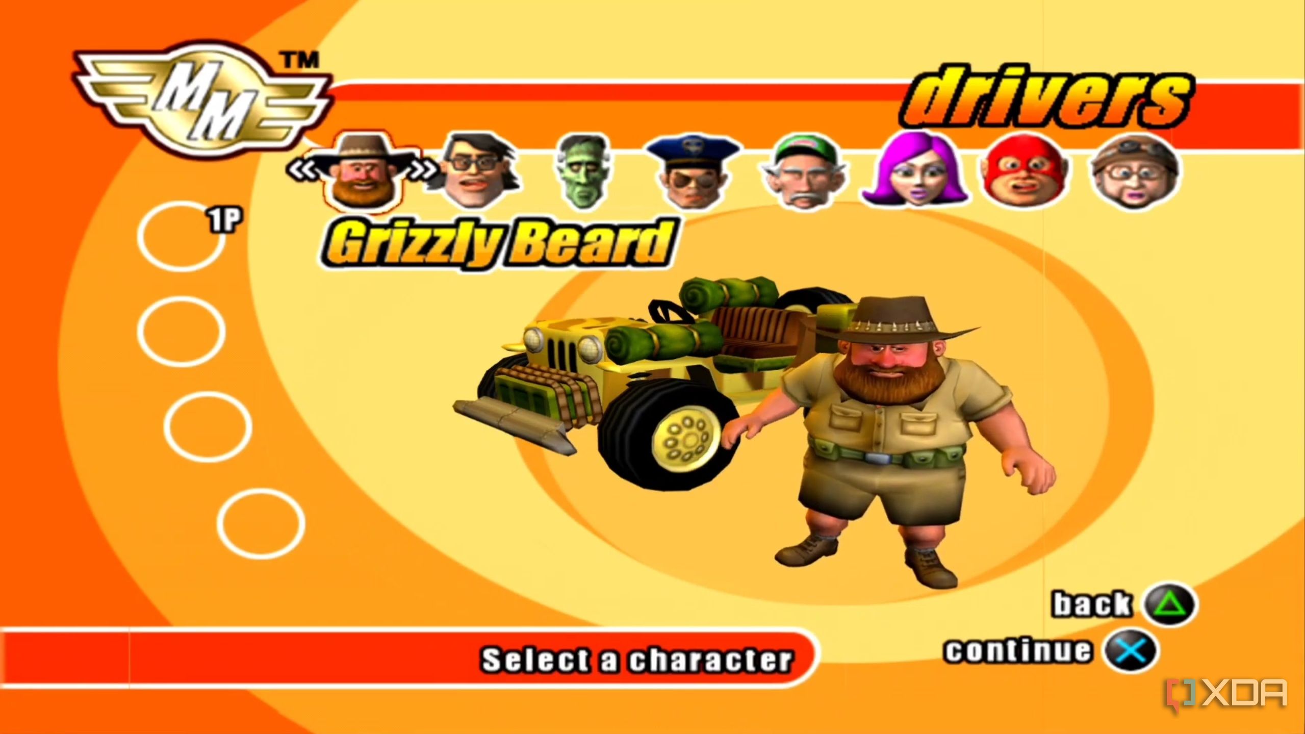 A screenshot from the game Micro Machines, showing the game's character selection screen, with a forest-ranger named Grizzly Beard on display.