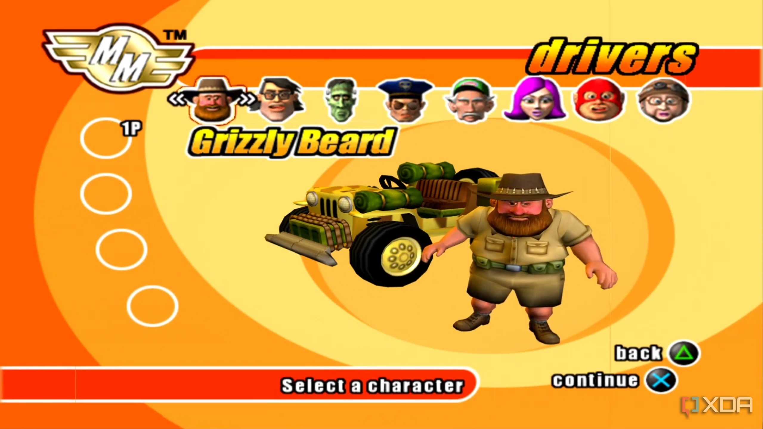 A screenshot from the game Micro Machines, showing the game's character selection screen, with a forest-ranger named Grizzly Beard on display.