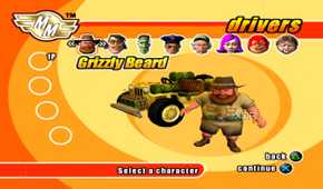 A screenshot from the game Micro Machines, showing the game's character selection screen, with a forest-ranger named Grizzly Beard on display.