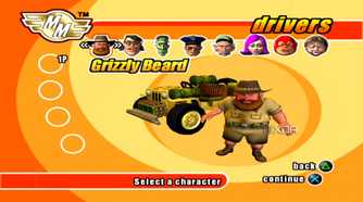 A screenshot from the game Micro Machines, showing the game's character selection screen, with a forest-ranger named Grizzly Beard on display.