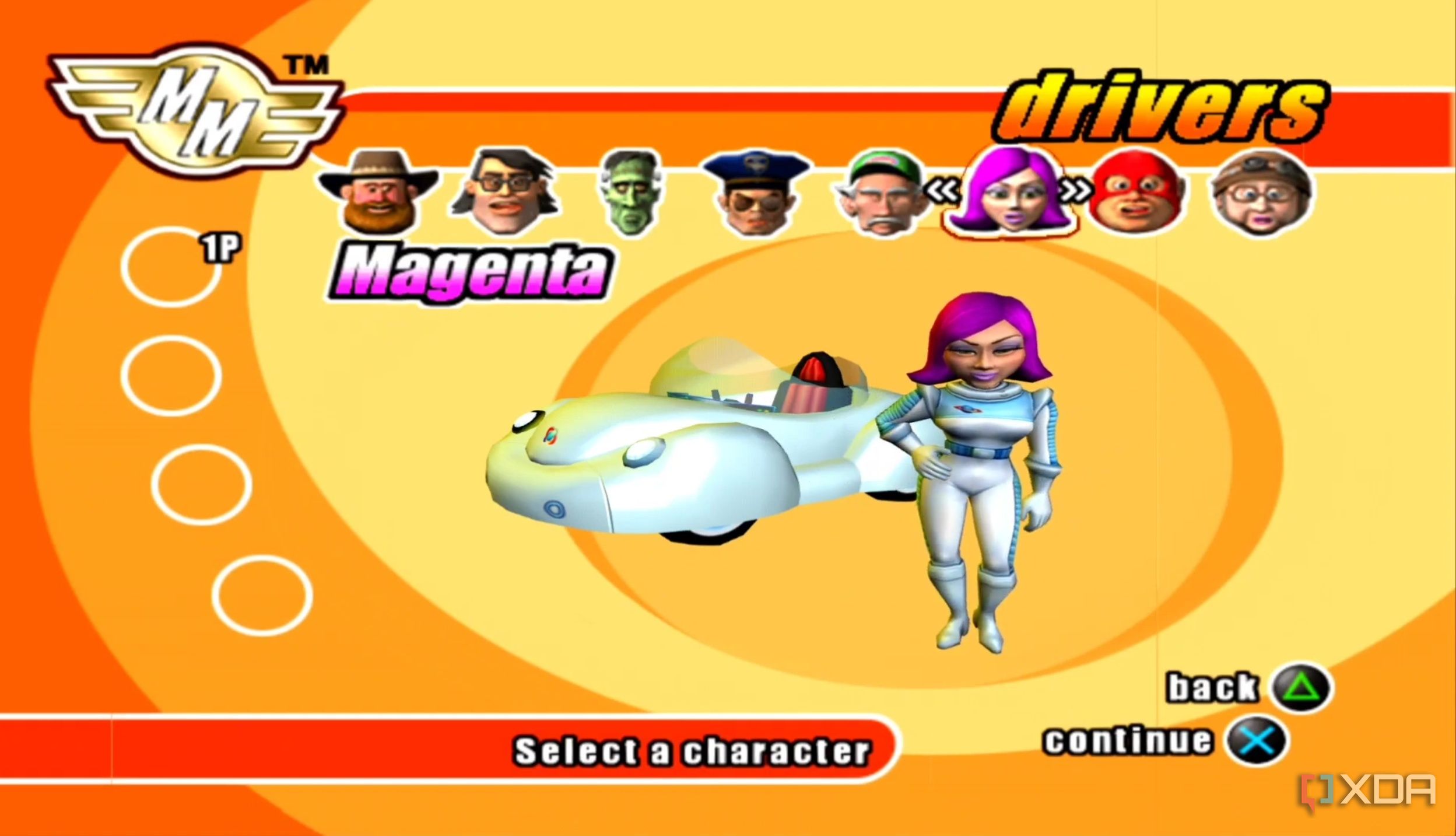 A screenshot from the game Micro Machines, showing the game's character selection screen, with Magenta, a character wearing a white full-body suit on display.